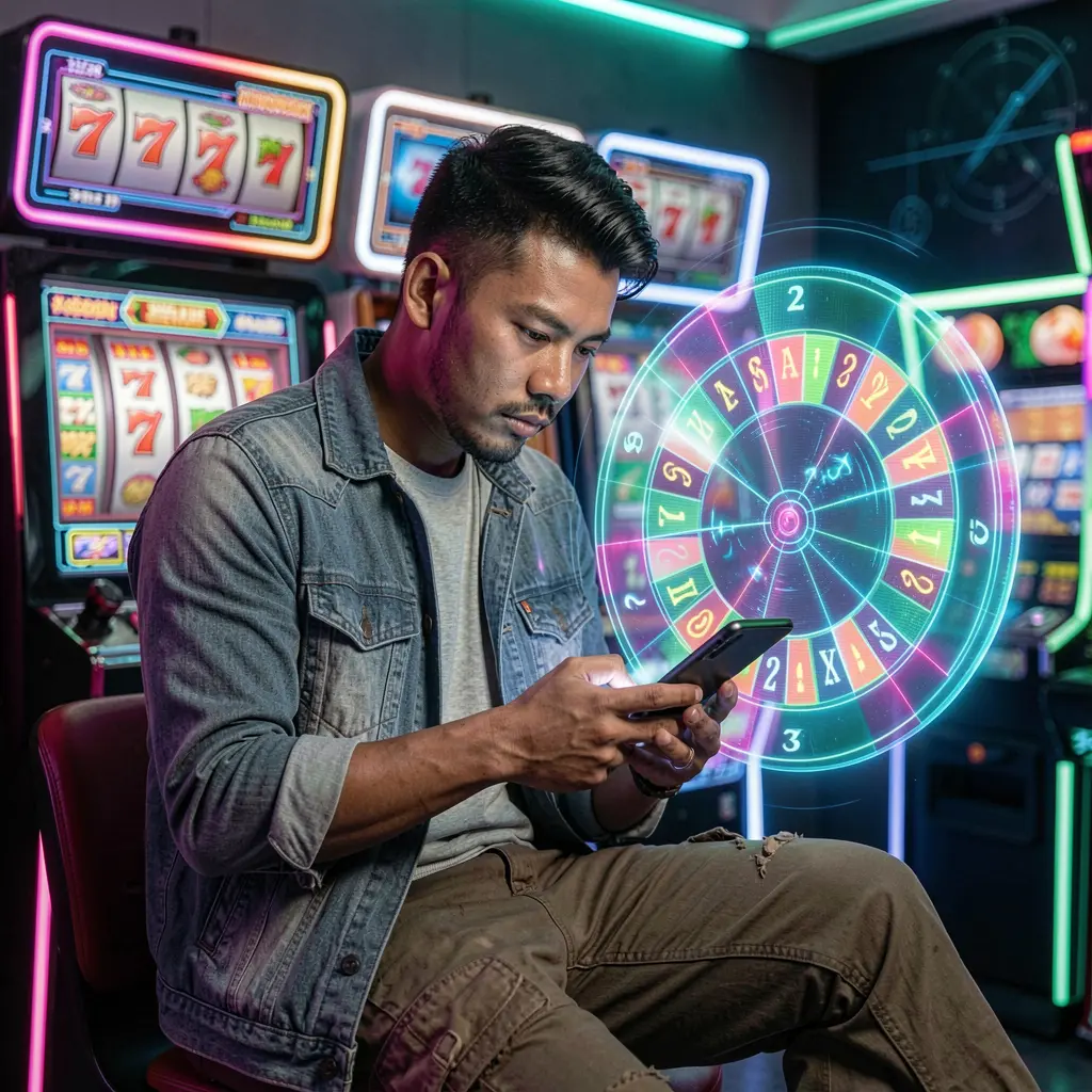 XPHJILI App – Enjoy fast and immersive mobile casino gameplay anytime in the Philippines XPHJILI gaming app user checking his phone with a glowing roulette interface behind him showing immersive mobile casino action in the Philippines