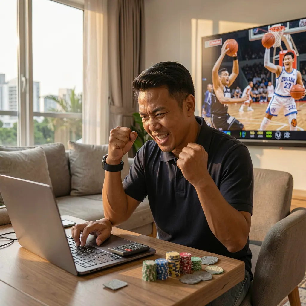 Excited Filipino sports fan celebrating a winning bet on his laptop at home while watching a live basketball game and using the XPHJILI betting platform