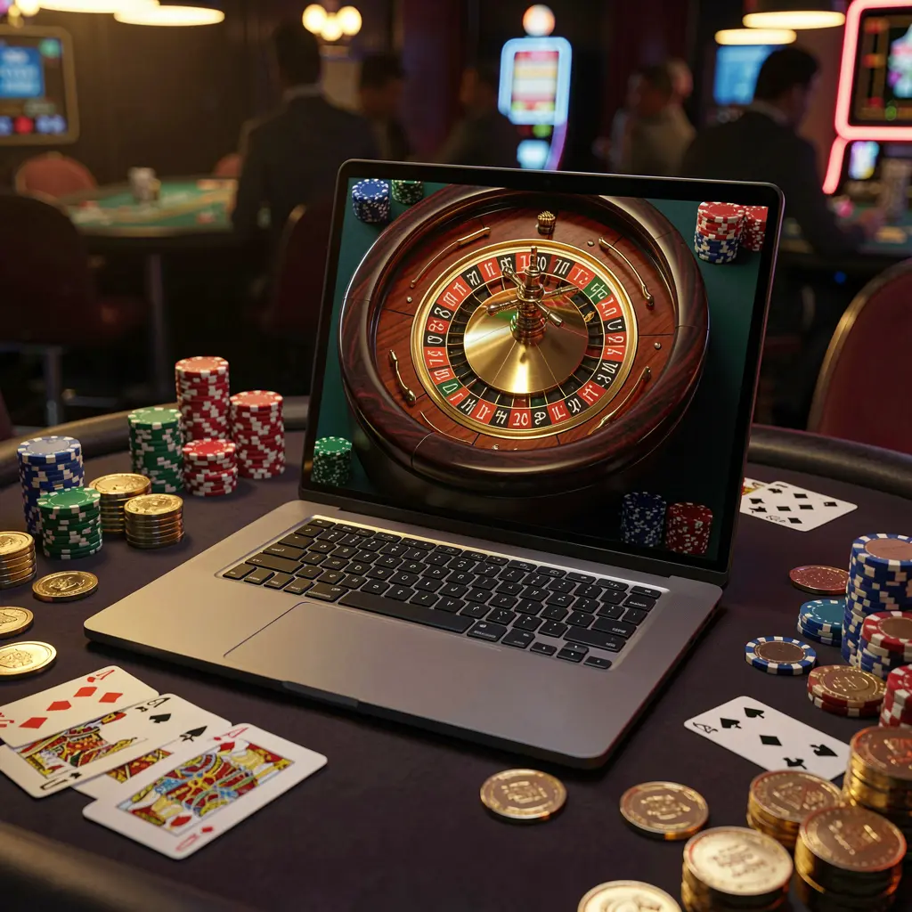 XPHJILI – Experience immersive online roulette action for players in the Philippines Modern laptop showing a live roulette wheel with stacked casino chips and playing cards on a dark table representing the immersive online casino experience at XPHJILI for players in the Philippines