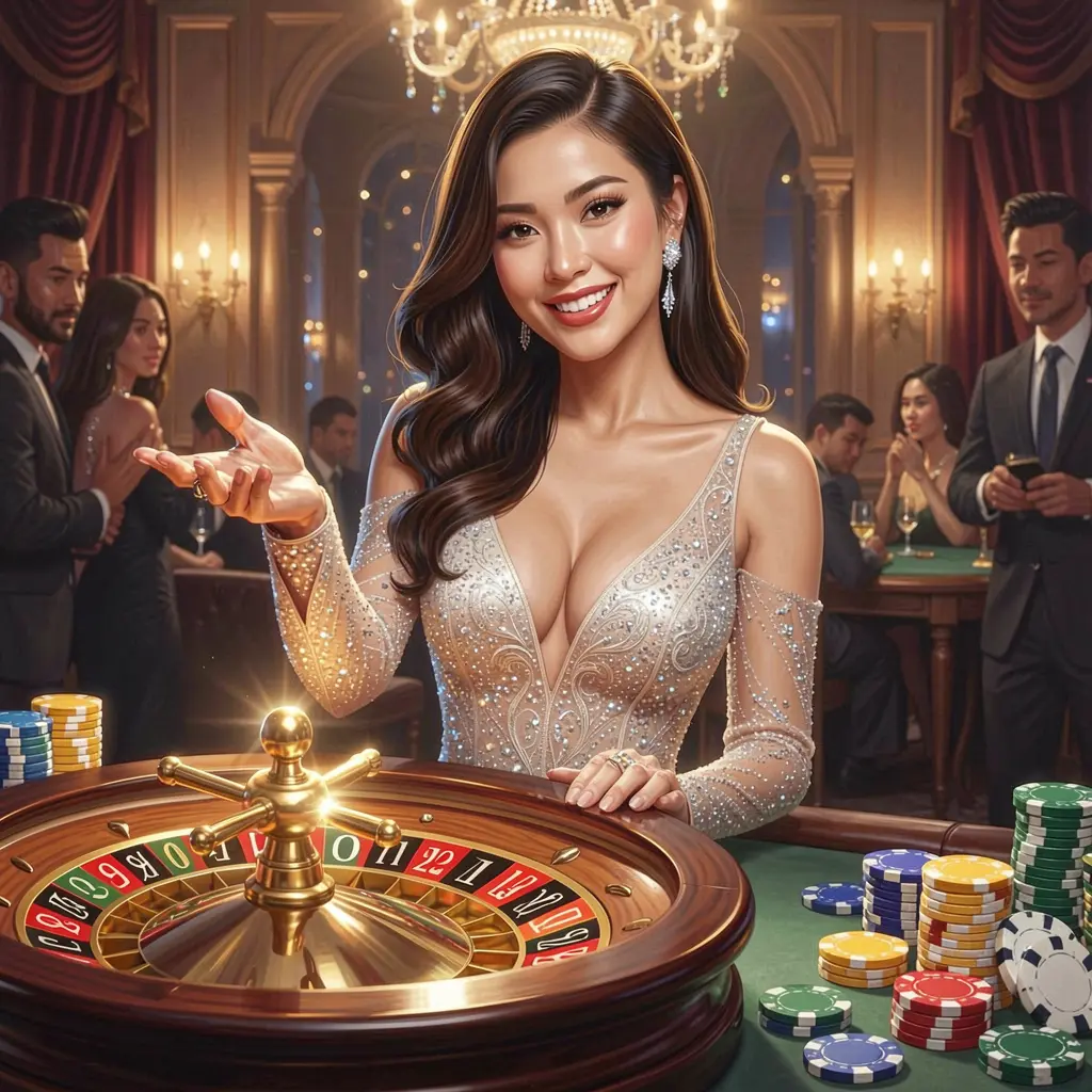 XPHJILI Login – Trusted and smooth access to your gaming profile in the Philippines Elegant Filipino casino dealer welcoming players with an extended hand surrounded by glowing roulette elements representing trusted login on XPHJILI in the Philippines