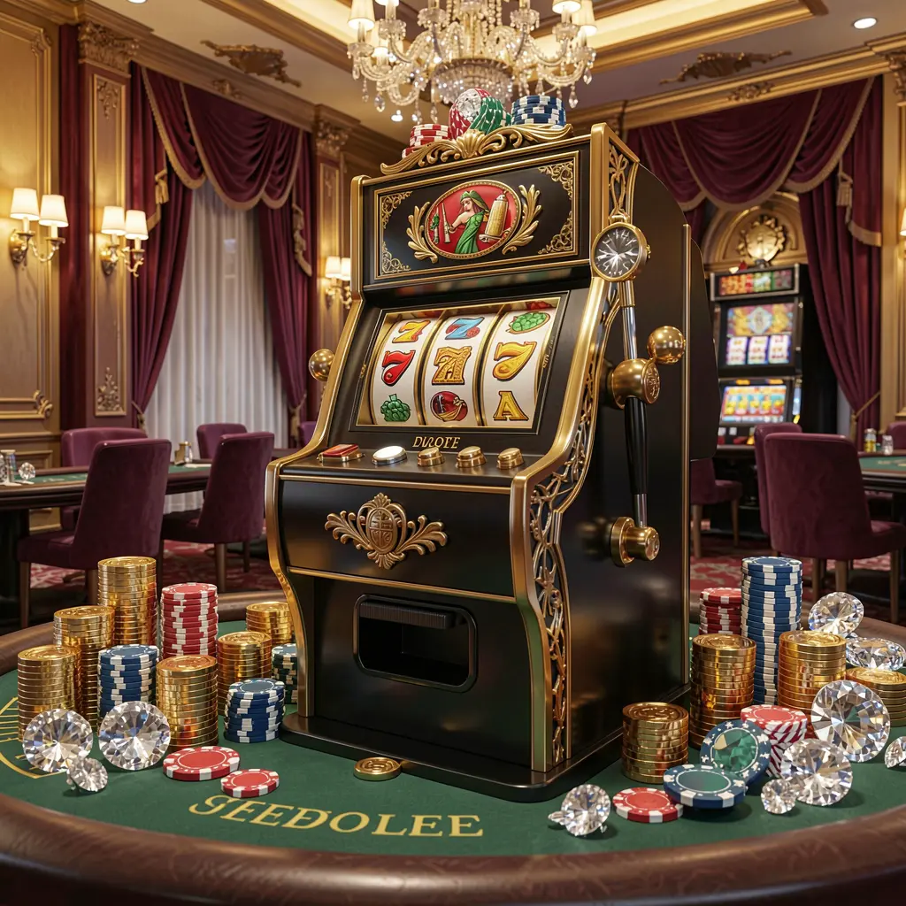 XPHJILI – Discover premium slot machine entertainment in the Philippines Elegant black and gold slot machine with triple lucky sevens and flying coins showcasing premium slot gaming at XPHJILI for players in the Philippines